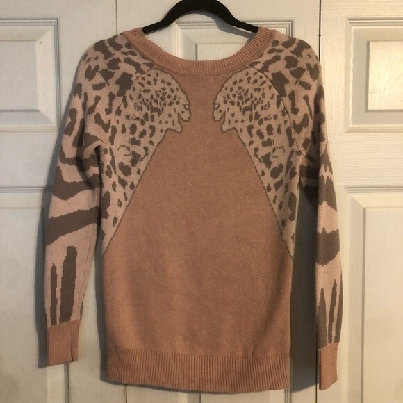 BAR III XS Peach Tan Pullover Crewneck Sweater Cheetah Angora Rabbit Hair Cotton - Picture 3 of 5